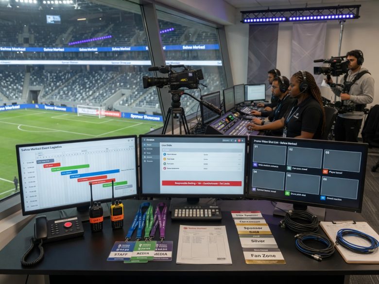 Professional sports event control room overlooking an arena, crew coordinating at a desk with