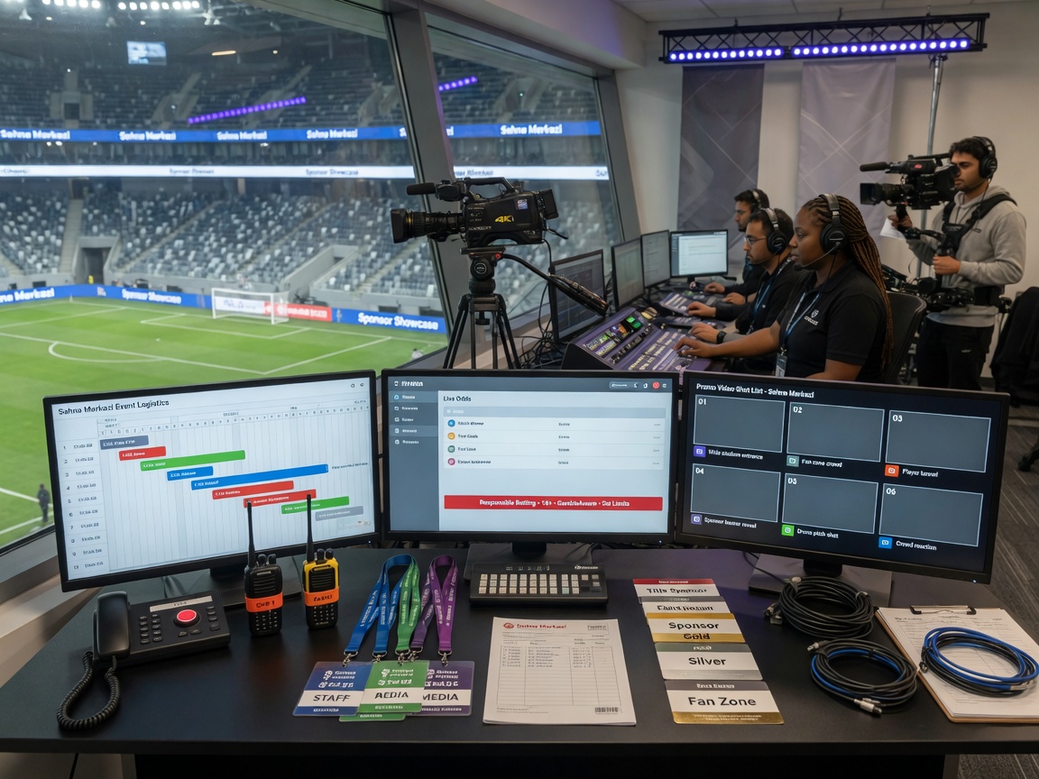 Professional sports event control room overlooking an arena, crew coordinating at a desk with