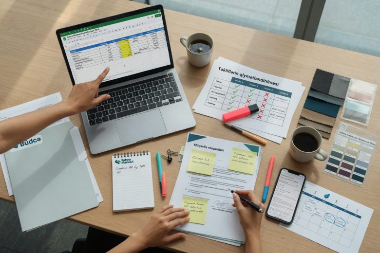 Overhead photo of a tidy meeting table where hands review a corporate event budget