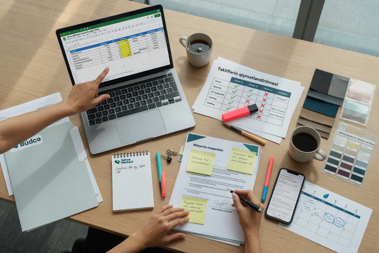 Overhead photo of a tidy meeting table where hands review a corporate event budget