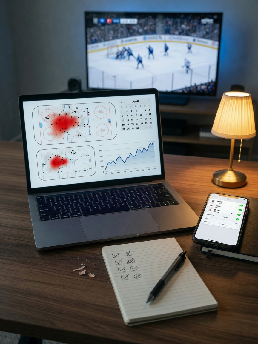 Beginner NHL betting strategy workspace with analytics, April 2026 game research tools